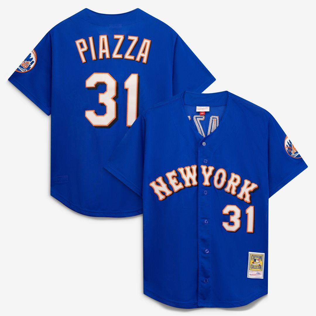 New York Mets Mike Piazza Mitchell & Ness Cooperstown Mesh Batting Practice Button-Up Jersey - Orange
