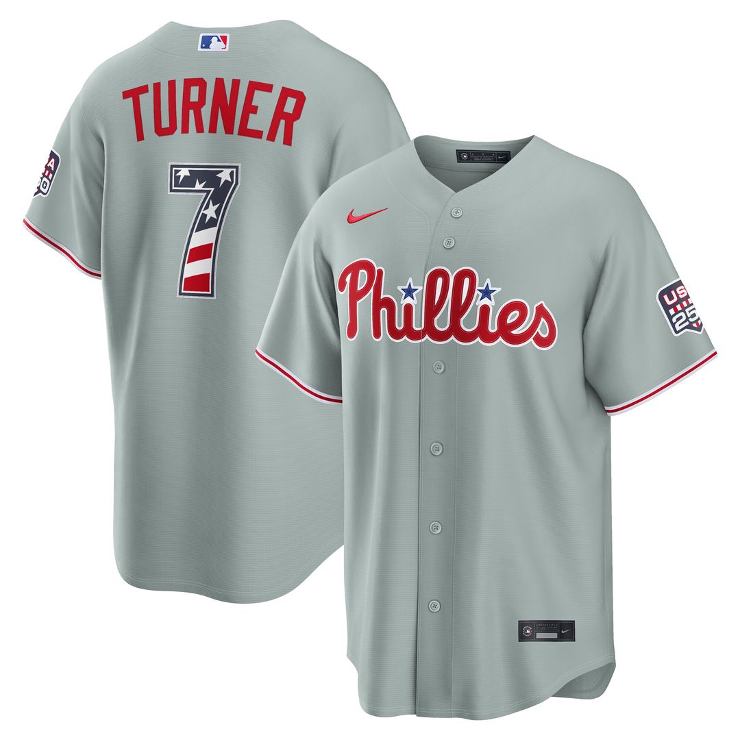 Philadelphia Phillies Trea Turner Nike USA 250 Fourth of July Road Stadium Jersey - Gray