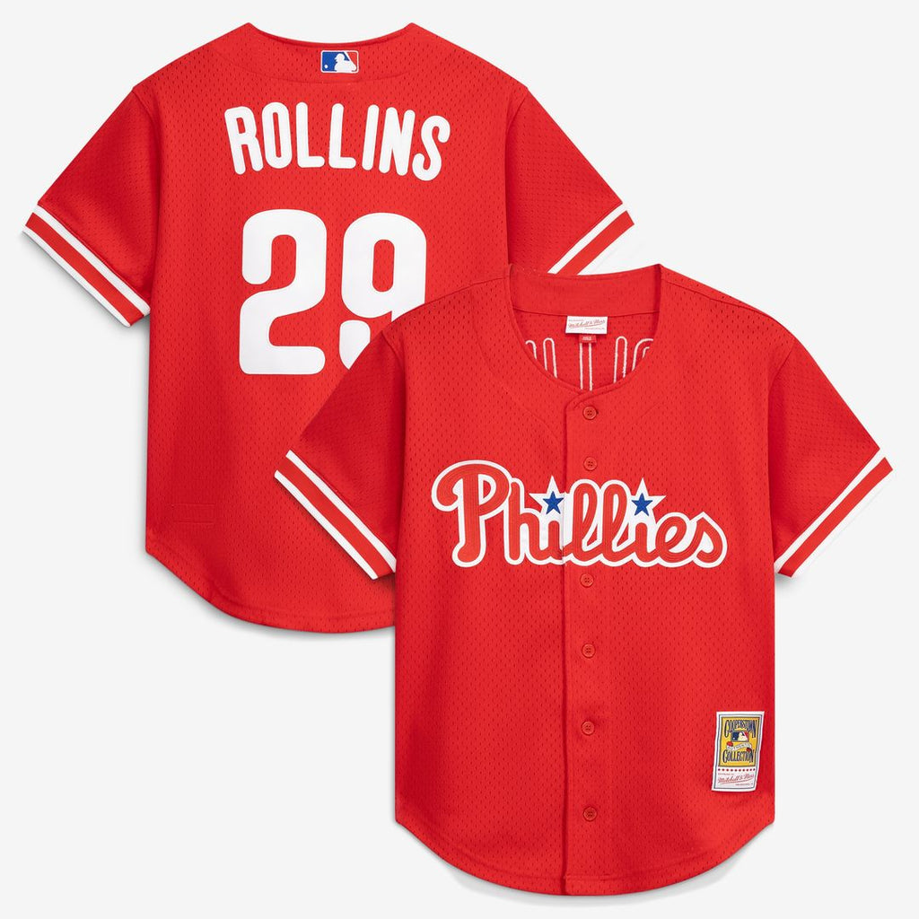 Philadelphia Phillies Jimmy Rollins Mitchell & Ness Cooperstown Mesh Batting Practice Button-Up Jersey - Red