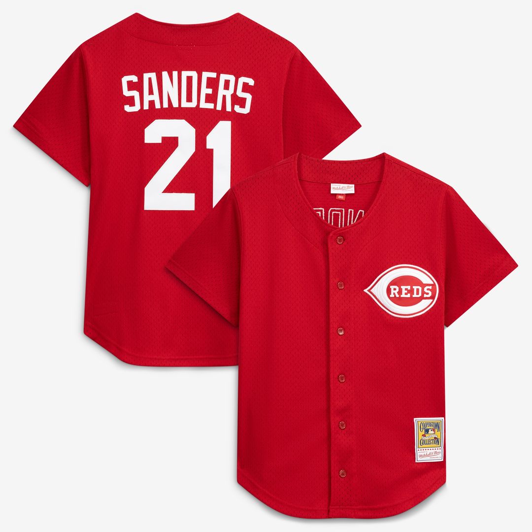 Cincinnati Reds Deion Sanders Mitchell & Ness Cooperstown Mesh Batting Practice Button-Up Jersey - Red