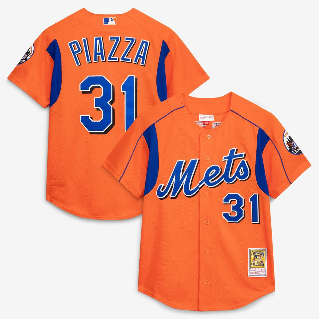 New York Mets Mike Piazza Mitchell & Ness Cooperstown Mesh Batting Practice Button-Up Jersey - Orange